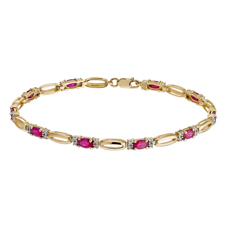 9ct yellow gold ruby & 20 point diamond bracelet Ernest Jones