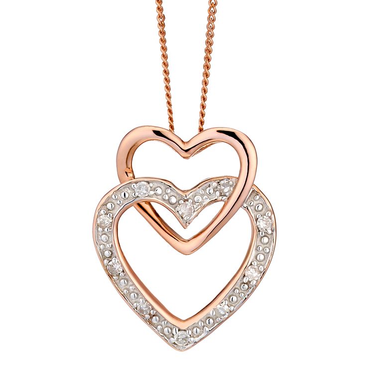 9ct Rose Gold Diamond Set Double Heart Pendant H.Samuel
