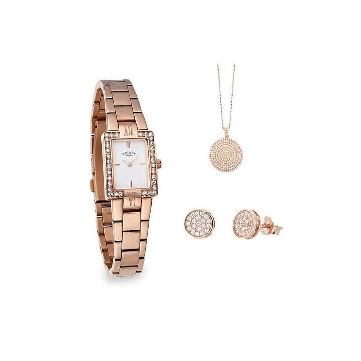 Rotary Ladies' Rose Gold Plated Watch, Earring & Pendant Set H.Samuel