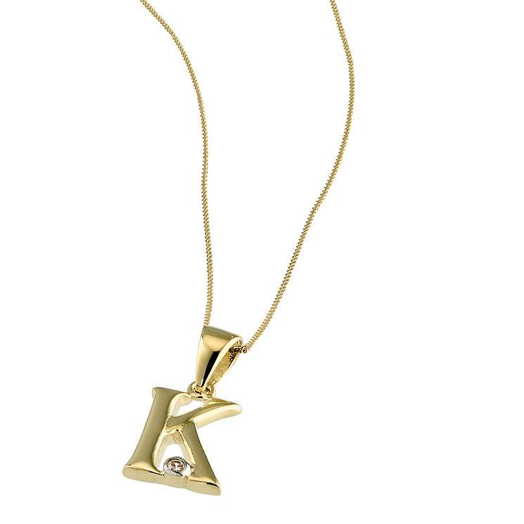 9ct Gold Cubic Zirconia Set Letter K Pendant with 16" Chain H.Samuel