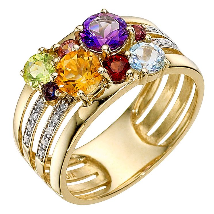 9ct yellow gold multi-coloured stone & diamond ring - Ernest Jones