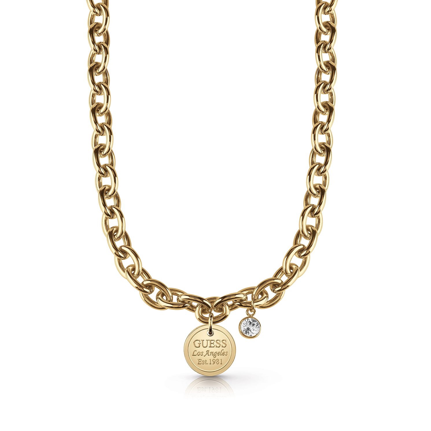 Guess Gold Plated Crystal Coin Pendant Necklace H.Samuel