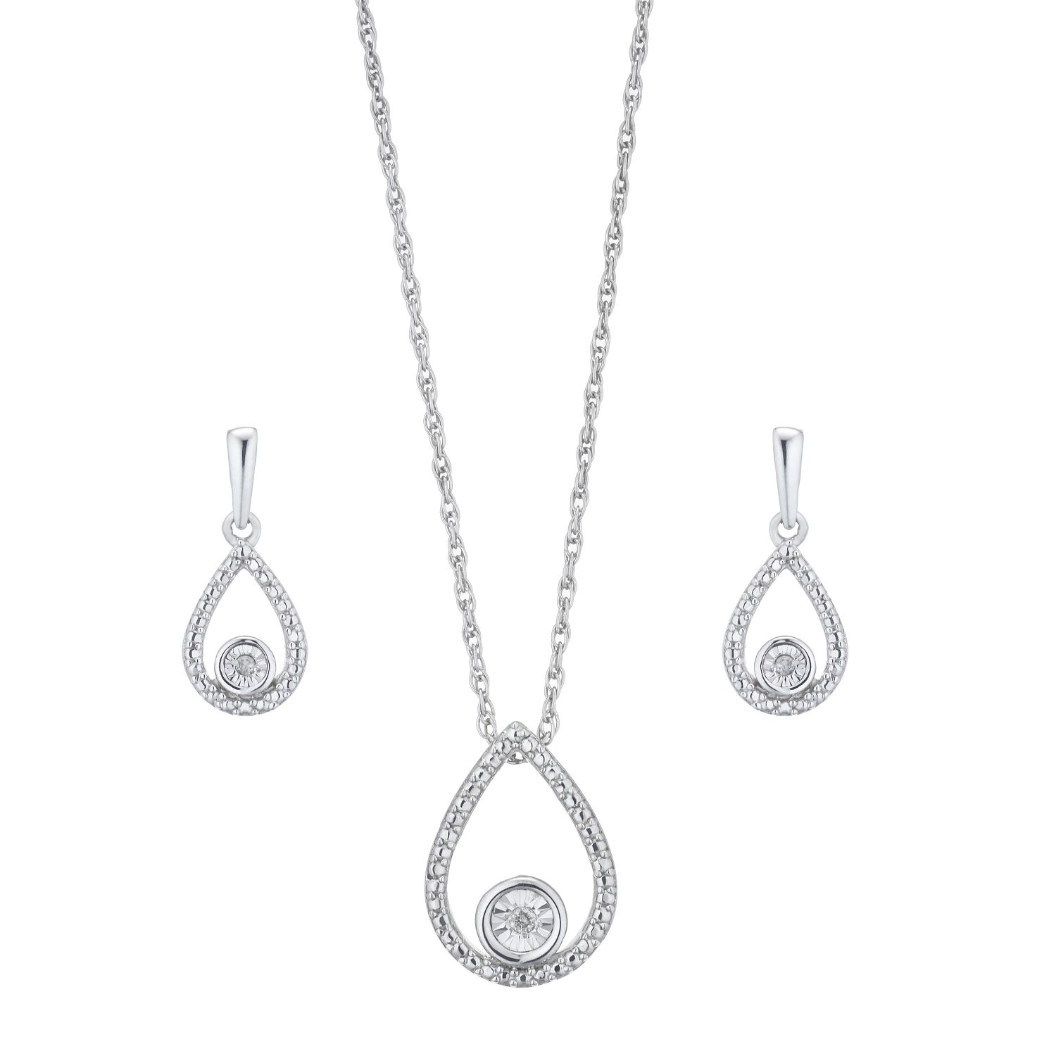 Silver Diamond Pear Necklace \u0026 Stud 