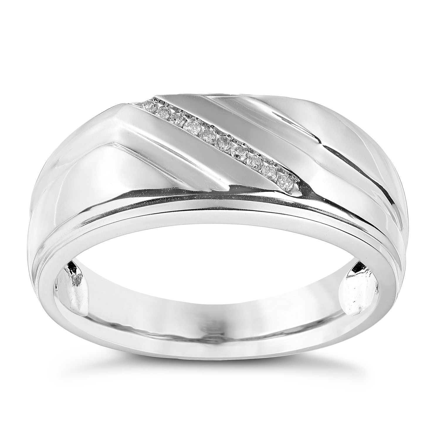 Sterling Silver & Diamond Diagonal Groove Detail Signet Ring | H.Samuel