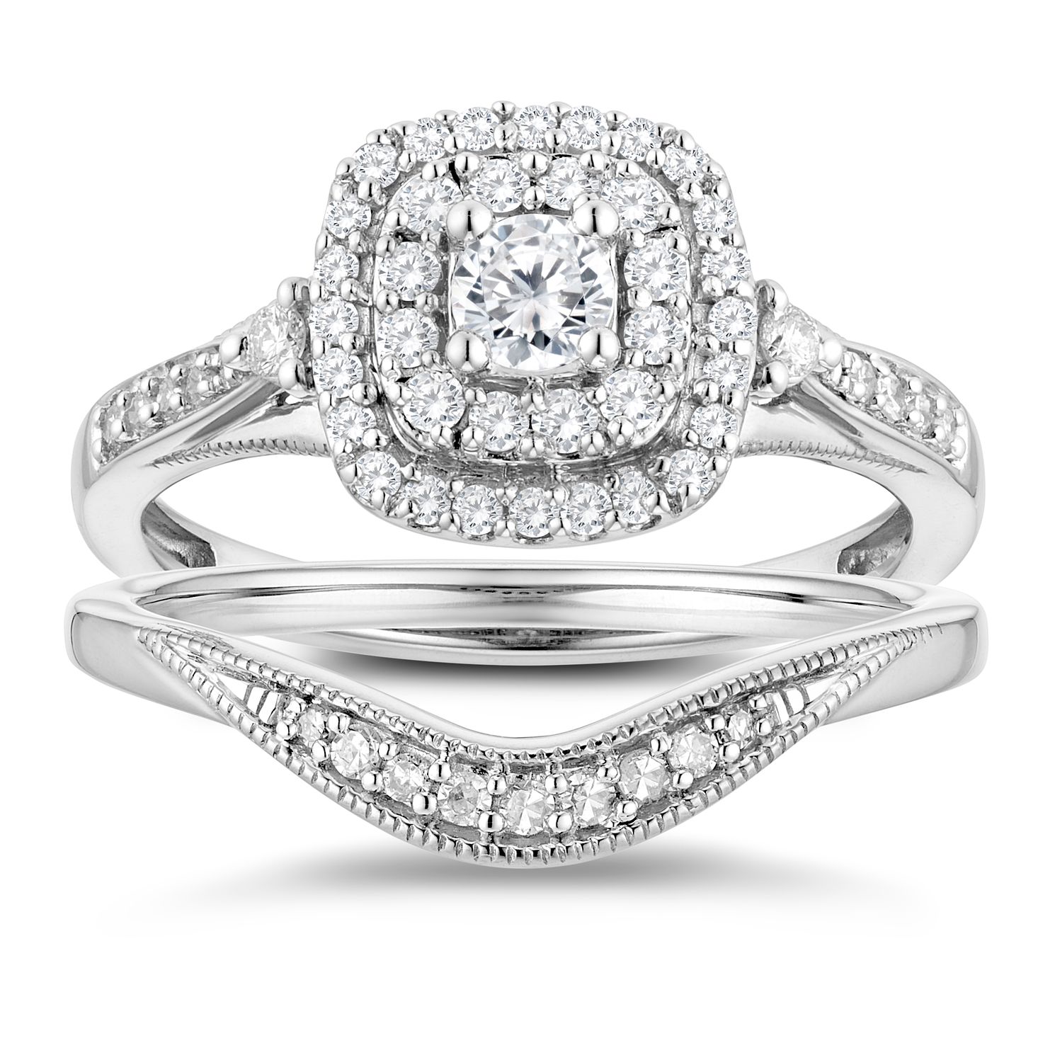 9ct White Gold 1/2ct Diamond Cushion Perfect Fit Bridal Set | H.Samuel