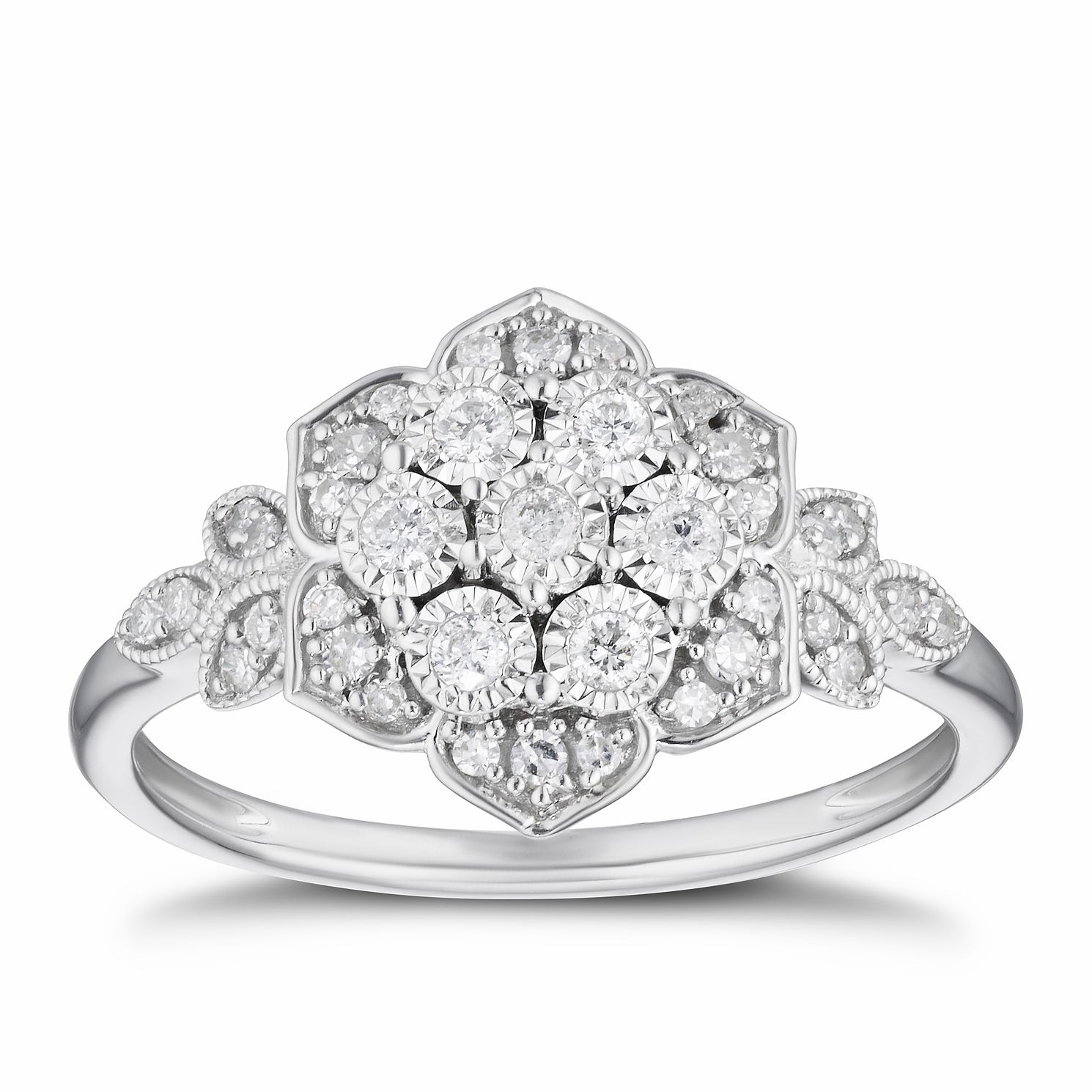 9ct White Gold 1/4ct Diamond Flower Cluster Ring | H.Samuel