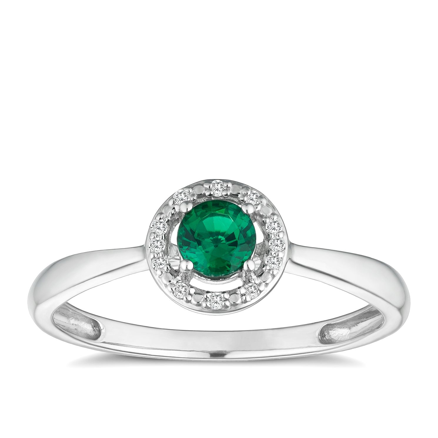 Silver 925 Rhodium Created Emerald & 0.03ct Diamond Ring | H.Samuel